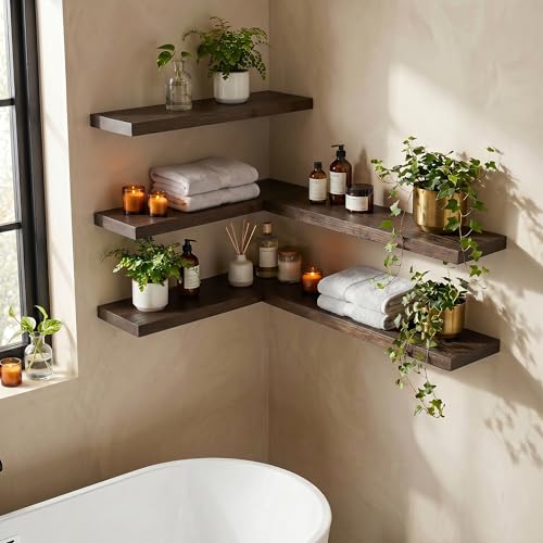 Dreamland 18 Inch Long Floating Shelves Set of 2, Rustic Solid Elm Wood Floating Shelf Wall Mounted, 8 Inch Deep Wall Shelves with Invisible Bracket for Living Room Bathroom Bedroom Kitchen, Walnut - color: Walnut, size: Flat Edge - 18"L