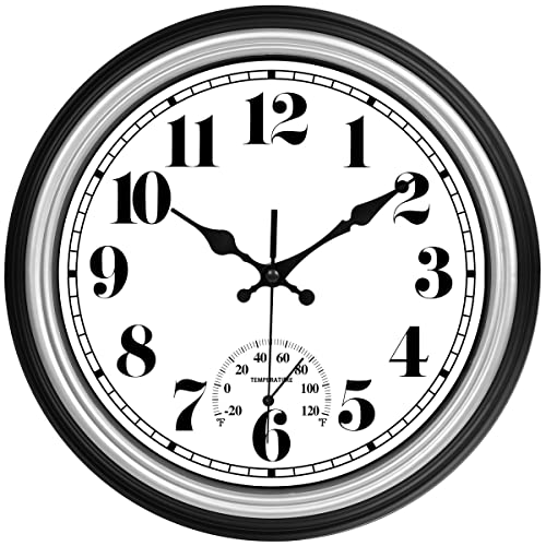 JENLYSTIME 12 Inch Indoor/Outdoor Retro Waterproof Wall Clock with Thermometer Silent Round Quartz Battery Operated Easy to Read Decorative for Kitchen Patio,Bathroom,Deck,Porch,Pool(Silver) - color: 12 Silver