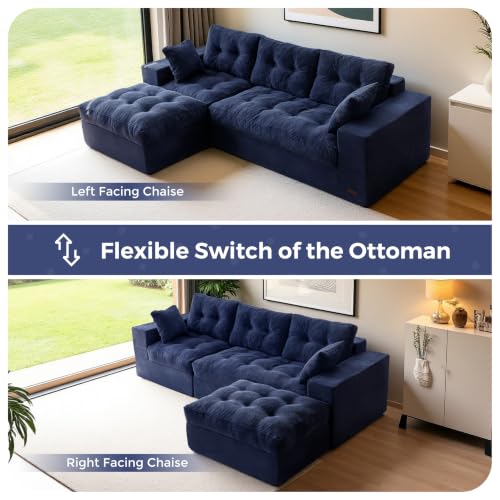MAXYOYO Boneless Couch, 96-Inch L-Shaped Cloud Couch with Ottoman | Navy Layered Cushioning and Flexible Modules Create an Upholstered Sofa in a Box with No Assembly for Spacious Living Rooms. - color: Navy, size: 96" L Shape