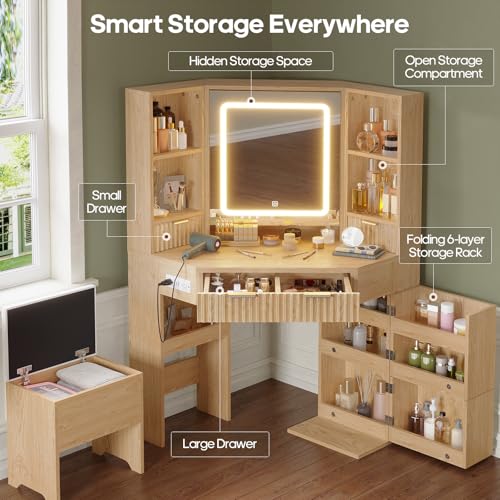 HAUOMS Fluted Corner Vanity Desk with Mirror & Lights, Natural Wood | Rotating Cabinet with 6 Shelves, Built-in Charging Station, 2 Drawers, Storage Bench, for Bedroom, Women Girls - style: Fluted Wood