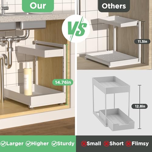 Under Sink Organizer Bathroom Kitchen: 2 Pack 2 Tier Metal Under Cabinet Storage with Height-adjustable Shelf and Pull out Rack for Pantry Vanity Cupboard Counter Countertop, White