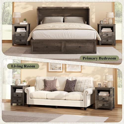 AMERLIFE Farmhouse Wood Nightstand Set of 2, End Table with Drawers, Grey | Narrow/Small 18" Bedside Table with Open Shelf, Wooden Night Stand for Bedroom/Home Office, Rustic Grey Oak - color: Rustic Grey