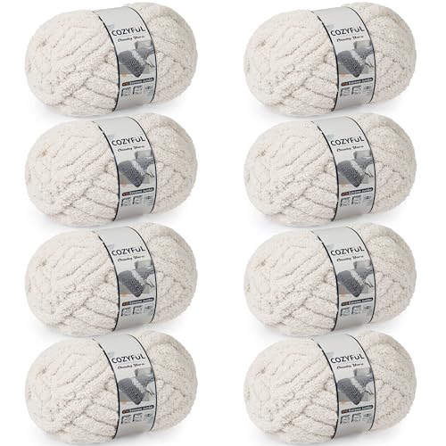 Cozyful Chunky Yarn for Hand Knitting - #10 Chunky Chenille Yarn, Jumbo Big Thick Chunky Yarns for Crocheting, Super Bulky Chunky Knit Blanket Yarns, 8 Skein (22 yds 8 oz Each Skein), Beige White - color: Beige White