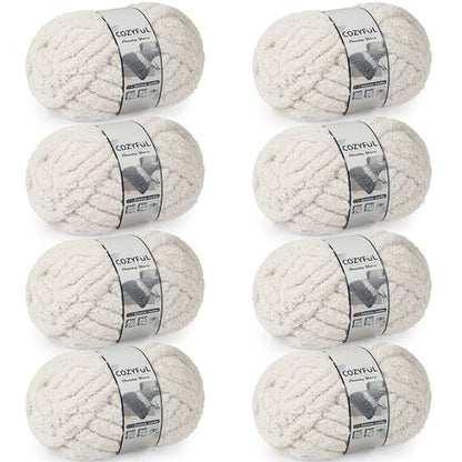 Cozyful Chunky Yarn for Hand Knitting - #10 Chunky Chenille Yarn, Jumbo Big Thick Chunky Yarns for Crocheting, Super Bulky Chunky Knit Blanket Yarns, 8 Skein (22 yds 8 oz Each Skein), Beige White - color: Beige White