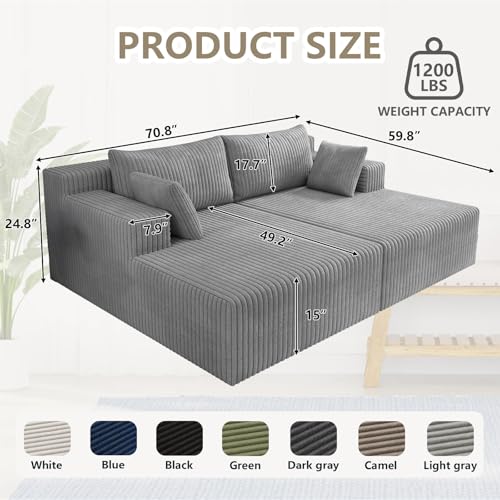 70.8" Oversized Boneless Double Chaise Lounge Chair Indoor, Upholstered Corduroy Cloud Chaise Lounges with 4 Pillow, Modern Deep Seat Loveseat Sleeper Sofa for Living Room Bedroom, Light Gray - color: 70.8" Light Gray