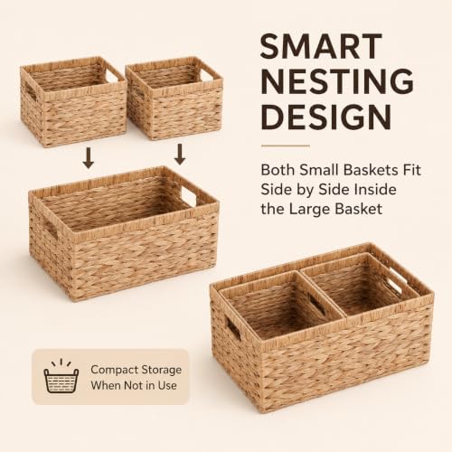 Set of 3 Water Hyacinth Storage Basket Rattan Woven Shelf Organizing with Built-in Handles 3-Pack Nesting Wicker Bathroom Accessories Pantry Storage