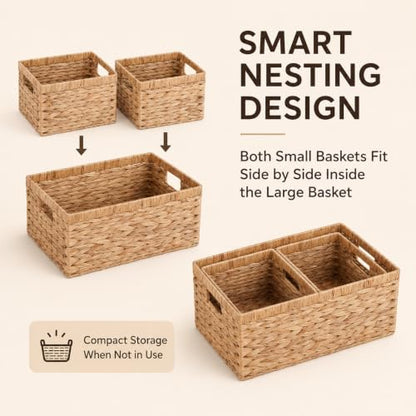 Set of 3 Water Hyacinth Storage Basket Rattan Woven Shelf Organizing with Built-in Handles 3-Pack Nesting Wicker Bathroom Accessories Pantry Storage