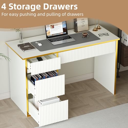 4 EVER WINNER 47-Inch Fluted Computer Desk with 4 Drawers, White and Gold | Compact Home Office Desk with 4 Storage Drawers, Including a Deep File Drawer, White and Gold Desk for Bedroom, Small Spaces - color: White and Gold