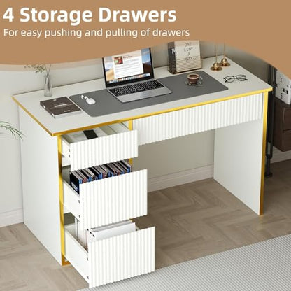 4 EVER WINNER 47-Inch Fluted Computer Desk with 4 Drawers, White and Gold | Compact Home Office Desk with 4 Storage Drawers, Including a Deep File Drawer, White and Gold Desk for Bedroom, Small Spaces - color: White and Gold