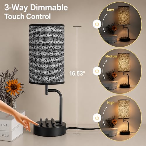 Dreamholder Touch Control USB Table Lamp with USB C/A & AC Outlet, 3-Way Dimmable Bedside Lamp, Modern Nightstand Lamps for Bedroom Living Room Guest Room Office, Bulb Included, Miracle Black - color: Miracle Black