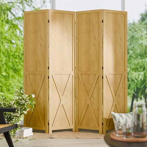 4 Panel Folding Room Divider, Solid Wood Privacy Screen, Freestanding Partition Wall, Temporary Wall for Home/Office/Bedroom/Restaurant, Natural - color: Natural