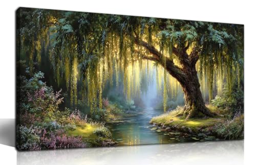 MXUNYZ Green Willow Tree Canvas Wall Art Botanical Nature Print Painting | 40x20 Inch Bedroom decor for Teen Girls,Modern Wall Art for Living Room,Dining Room Hallway Home Office Wall Decoration - color: Green, size: 40"L x 20"W