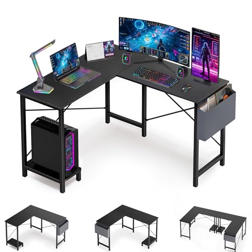 OLIXIS L Shaped Desk, Gaming Desk, Corner Table 50 Inch | Side Bag, Reversible Shelf, Home Work Study Writing, PC Workstation, Easy Assembly, Grey