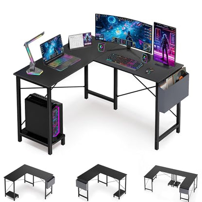OLIXIS L Shaped Desk, Gaming Desk, Corner Table 50 Inch | Side Bag, Reversible Shelf, Home Work Study Writing, PC Workstation, Easy Assembly, Grey