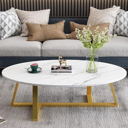 Wolawu Coffee Table White Faux Marble Coffee Table for Living Room,Oval Center Tables Modern Tea Table for Small Space,Wooden Living Room Tables End Table with Sturdy Gold Metal Leg - color: White Gold