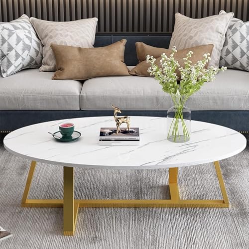 Wolawu Coffee Table White Faux Marble Coffee Table for Living Room,Oval Center Tables Modern Tea Table for Small Space,Wooden Living Room Tables End Table with Sturdy Gold Metal Leg - color: White Gold