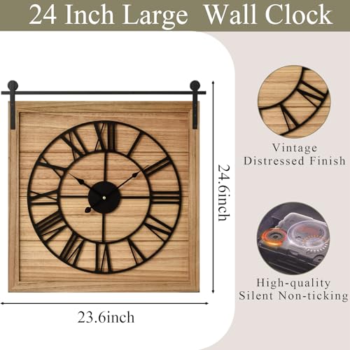 EMAX HOME 24 Inch Large Farmhouse Wall Clock, Unique Square Rustic Solid Wood Frame with Black Metal Hanging Rod, Silent Non-Ticking Quartz Movement, for Living Room, Bedroom, Kitchen - color: Brown 2