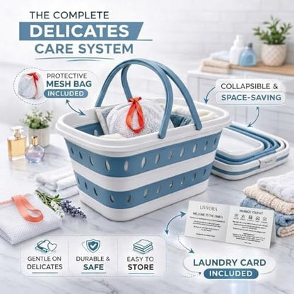 Livvora Collapsible Laundry Basket with Mesh Bag & Care Guide Card | Space-saving collapsible design with breathable construction to help keep laundry fresh and organized.