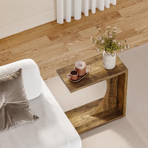 LITTLE TREE C Shaped End Table for Sofa & Bedroom - Small Side Table for Living Room, Over Couch Tray Stand for Laptop, Snacks, Books, Brown, 1 Pack - color: Brown