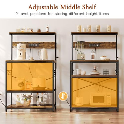 SUPERJARE Bakers Rack with Power Outlets, Microwave Stand, 31.5 X 16.5 Inch Larger Desktop, Kitchen Storage Rack with Adjustable Middle Shelf, 6 S-Shaped Hooks, Coffee Bar Stand, Rustic Brown - color: Rustic Brown, size: 31.5 inch