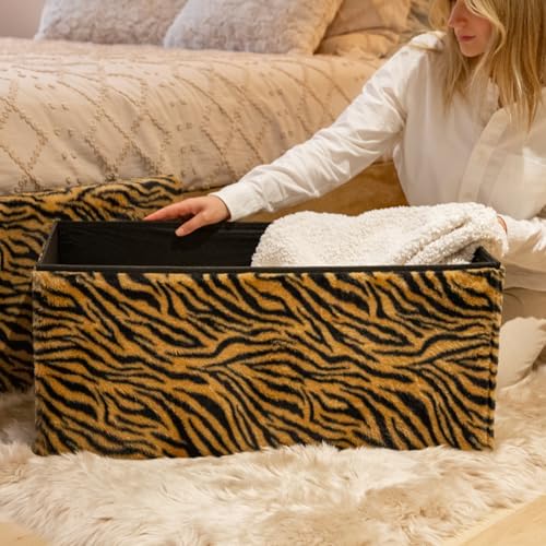 Luxe Faux Fur Storage Ottoman, Tiger Tan/White, 30 x 15 x 15 in | Engineered Wood, Tool-Free Assembly, Modern Style, Seat And Footrest - color: Tiger Tan/White, size: 30"D x 15"W x 15"H