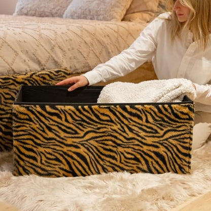 Luxe Faux Fur Storage Ottoman, Tiger Tan/White, 30 x 15 x 15 in | Engineered Wood, Tool-Free Assembly, Modern Style, Seat And Footrest - color: Tiger Tan/White, size: 30"D x 15"W x 15"H