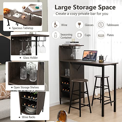 GOFLAME Bar Table Set for 2, Counter Height Dining Table Set with Shelves, Cup Holder & Wine Rack, Breakfast Table & Stools Set, 3-Piece Pub Table Set for Kitchen, Dining Room, Brown - color: Brown