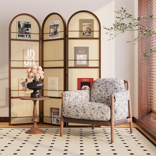 Rattan Room Divider with Bookshelf,Privacy Screen for Home Office & Bedroom,Portable Partition, Wooden Frame - color: Walnut-rattan