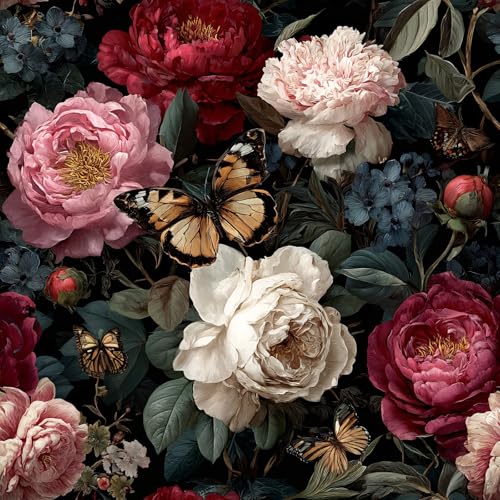 Vintage Multicolor Peony Butterfly Floral Pattern Peel and Stick Wallpaper Easy Peel Off Contact Paper Stick on Adhesive Wall Paper for Bathroom Waterproof Renter 17.71"x236.2" - color: LD-138b, size: 17.7" x 236"