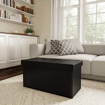 Storage Ottoman - 30-Inch Folding Faux Leather Footrest, Linen Chest, or Bench with Removable Bin for Living Room or Bedroom by Lavish Home (Black)