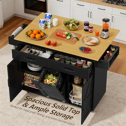 YESHOMY 56" Kitchen Island with Trash Can Storage, Drop Leaf Kitchen Island with Storage, 2 Drawers, 5 Wheels, Spice Rack & Towel Holder, Black and Yellow Oak - color: Black and Yellow Oak