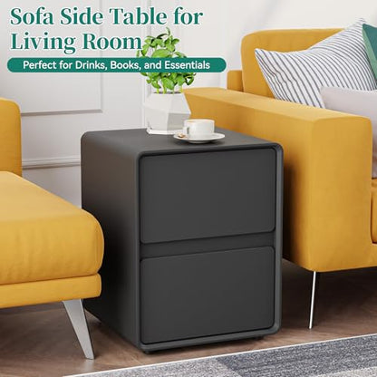 15.8" W Faux Leather Narrow Nightstand, Modern Fully-Assembled Bedside Table with 2 Drawers, Wood Night Stand Small Accent End Table & Side Table for Bedroom, Black - color: Black, size: 16in