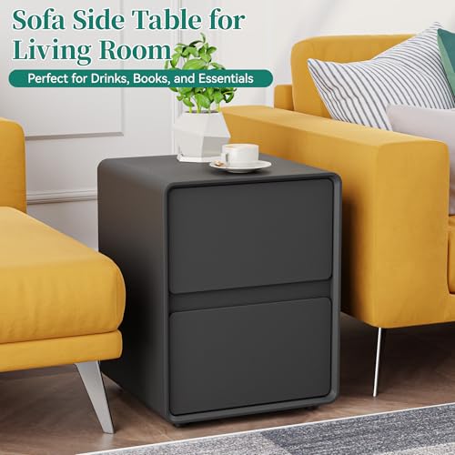 15.8" W Leather Narrow Nightstand Set of 2, Modern Fully-Assembled Bedside Table with 2 Drawers, Night Stand Small End Table & Side Table for Bedroom, Black - color: Black Set of 2, size: 16in