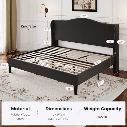 SHA CERLIN King Size Bed Frame with Curved Wingback Headboard, Soft Black | Modern Luxury Design Velvet Platform Bed with Sturdy Wooden Slats,Noise-Free, No Box Spring Needed, Easy Assembly - color: Soft Black, size: King