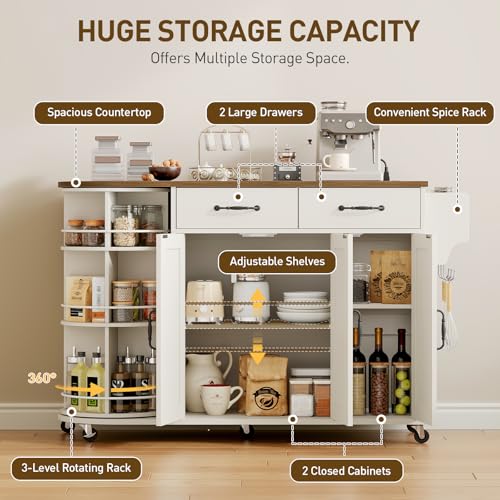 Kitchen Island with Power Outlet & Drop Leaf, Kitchen Rolling Island with Rotating Organizer, Kitchen Island Cart with Storage Cabinet, Mobile Island Table for Kitchen, White and Walnut - color: White + Walnut