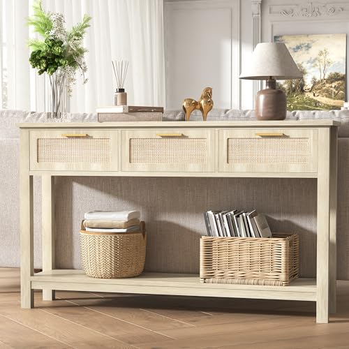 ELYKEN 51.2" Rattan Console Tables with 3 Storage Drawers for Entry Way | 3 Drawers & Shelf, Entryway Table with Storage, Hallway Table Narrow Long Boho Sofa Table Behind Couch Entrance Entry - color: Natural Wood