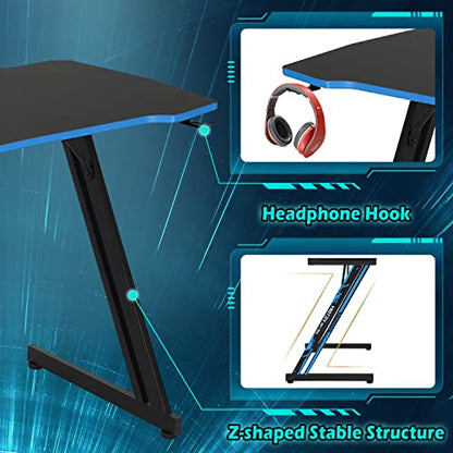 Dkelincs 47 inch Gaming Desk Z-Shaped Computer Desk PC Computer Table Home Office Desk Ergonomic Gamer Workstation with Headphone Hook, Blue - color: Blue, size: 47 Inch