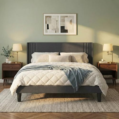 Gizoon Queen Bed Frame with Wingback Headboard, Upholstered Platform Bed | Bed Frame with Padded Headboard,Wooden Slats, Noise-Free, No Box Spring Needed, Easy Assembly,Dark Grey - color: Dark Grey, size: Queen