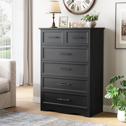 Black Dresser for Bedroom, Modern 6 Chest of Drawers, 44" Tall Chest of Drawers w/Brushed Metal Handle, Wood Closet Organizers and Storage Cabinet for Bedroom, Living Room, Hallway - color: Black, size: 15.7"D x 31.1"W x 44.3"H (6 Drawers)