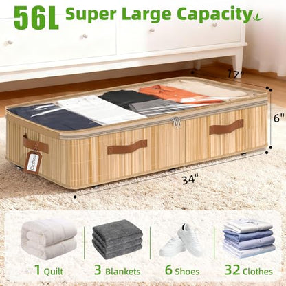Livole 2 Pack Bamboo Under Bed Storage Containers with Wheels | Breathable Bamboo, Invisible Wheels, 6 inches Height, 56L Large Capacity, Easy Setup, Handles, Clear Lid