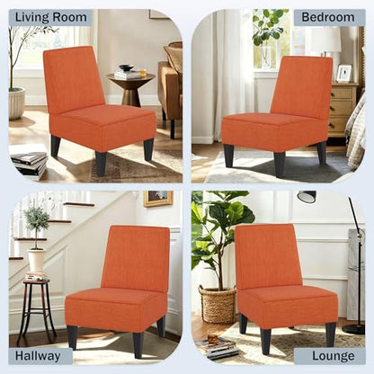 Armless Accent Chairs Set of 2, Orange Linen Slipper Chairs | Upholstered Armless Chair with Solid Wood Legs, Mid Century Modern Side Chairs for Small Living Room Bedroom Apartment - color: Orange