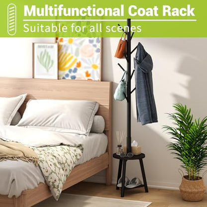 BMOSU Coat Rack freestanding Stand with Shelf Bamboo Wooden Coat Tree Easy Assembly 8 Hooks Standing Jackets Hanger Hallway Office Floor Coat Stand Black - color: BLACK