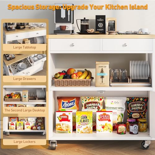 knoworld 롤링 키친 아일랜드, 보관 캐비닛 포함, 89.9cm(35.4인치) 너비 주방 카트, 서랍 아일랜드 테이블 2개, 수건 걸이가 있는 휴대용 모바일 주방 아일랜드, 나무 상단 및 잠금 가능한 바퀴, 화이트 - color: 화이트., size: NO Drop Leaf