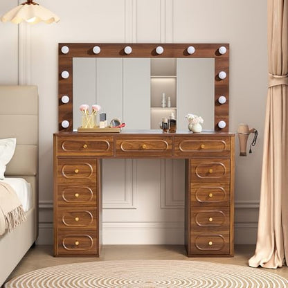 Fluted Vanity Desk with Mirror and Lights, Power Outlets, Modern Wood Vanity Desk Makeup Table with 11 Drawers, 3 Color Modes Dressing Table with Storage for Bedroom, Living Room, Walnut - style: Walnut