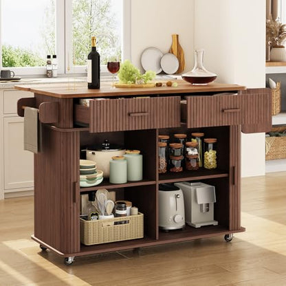 56" Kitchen Island on Wheels with Drop Leaf Countertop, Walnut | Large Mobile Island Table with 2 Drawers and Spice Rack and Tower Rack, Mid-Century Modern Island Cart w/ Storage for Kitchen - color: Walnut