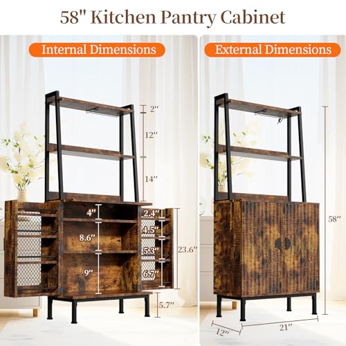 58” Pantry Cabinets with Microwave Shelves, Freestanding Kitchen Storage Cabinet with Adjustable Shelves, Buffet Cupboards for Kitchen, Dining Room, Living Room Use, Retro Brown - color: B-58" Retro