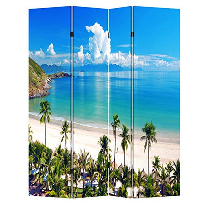 TOA 4 Panels Privacy Screen Room Divider Partition with Beach Hut Canvas, Water Resistant for Living Room, Bathroom, Home Office or College Dorm, Wood Frame
