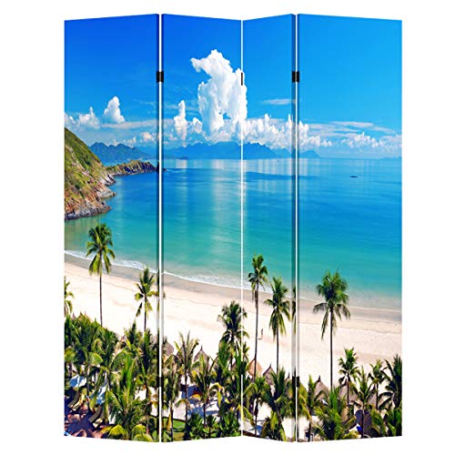 TOA 4 Panels Privacy Screen Room Divider Partition with Beach Hut Canvas, Water Resistant for Living Room, Bathroom, Home Office or College Dorm, Wood Frame