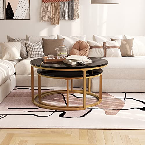 WiberWi Round Coffee Table Nesting Tables Set of 2, Large : Ø 34.0", Small : Ø 26.0", Modern Design Coffee Tables for Living Room, Gold Metal Frame Circle Cocktail Table, High Glossy Faux Black Marble - color: Black Faux Marble