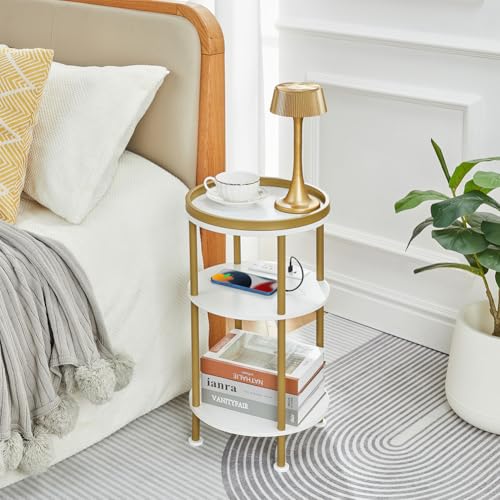Small Round End Table with Charging Station, 3-Tier Accent Couch Beside Table with USB Ports & Power Outlets, Sofa Side Table for Living Room Small Nightstand Bedroom (USB Charger, White+Gold) | 3-Tier Accent Couch Beside Table with USB Ports & Power Outl